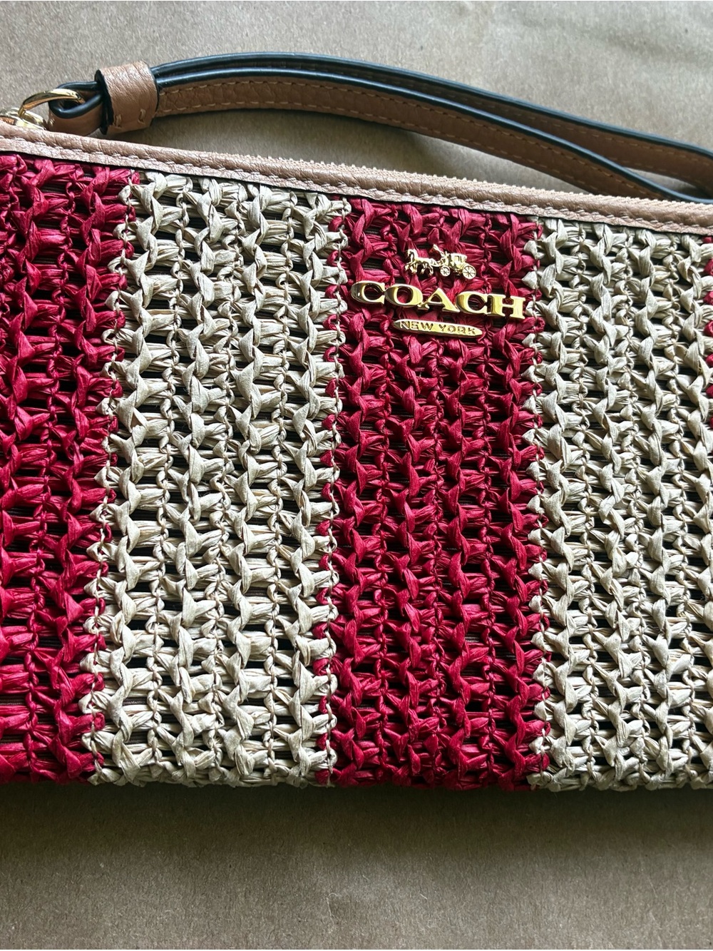 COACH Red and Cream Woven Straw Wristlet